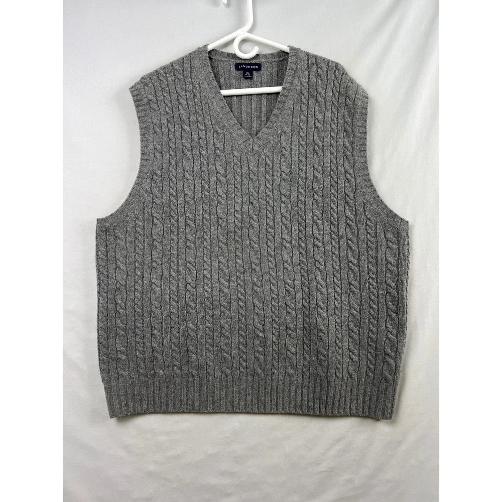 Lands' End Sweater Vest Mens XL Gray 100% Lambswool Cable Knit V-Neck Preppy